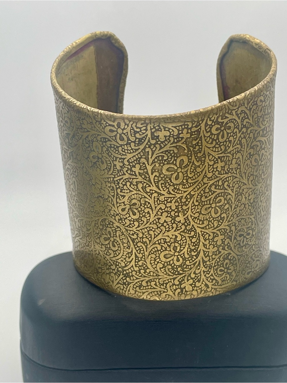 Brass Floral Etched Wide Cuff Bracelet. Adjustable.